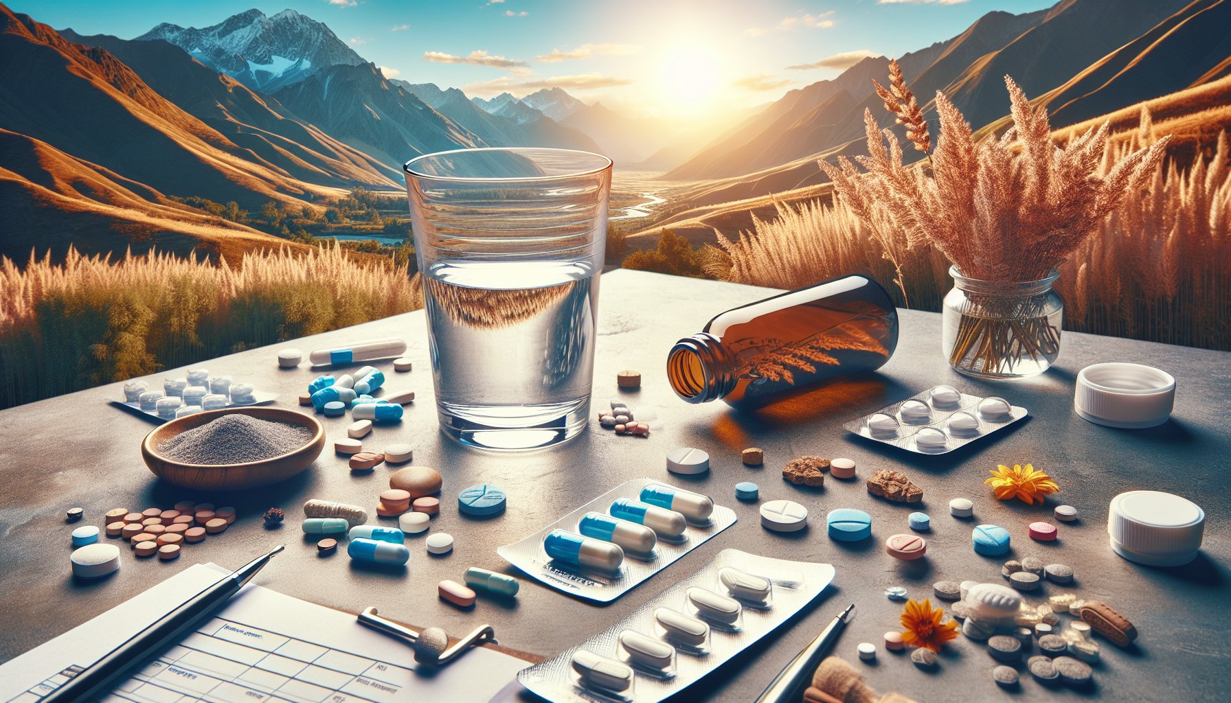 Collection of medications on a table with water glass