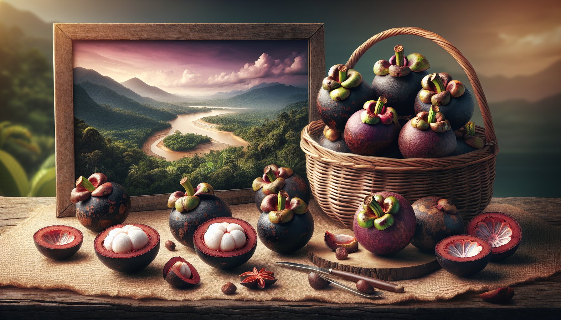 A basket of mangosteen fruit with a cross-section view.