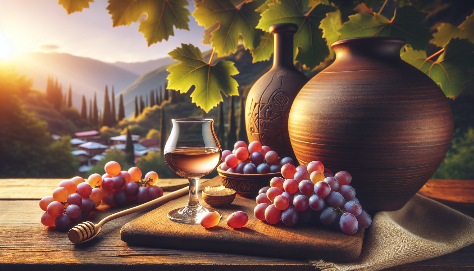 Glass of chacha with grapes and qvevri pot